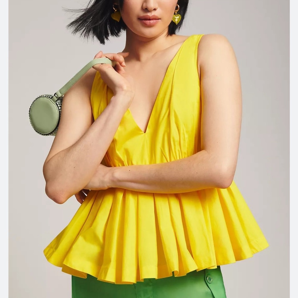 NWT ATSU Anthropologie Bright Yellow Sleeveless Poplin Peplum Top Shirt Small S